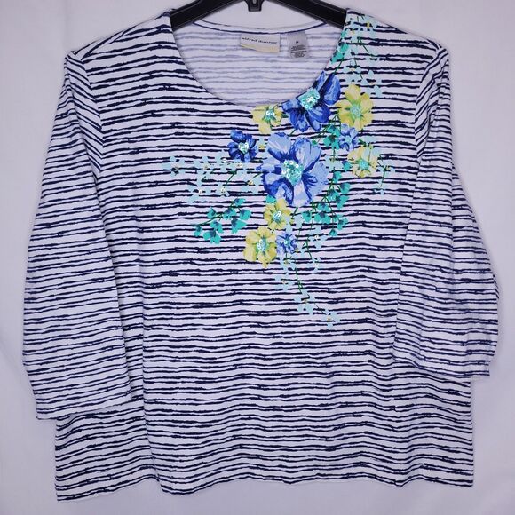 Alfred Dunner Top 2X Striped Floral White, Blue - Picture 1 of 10